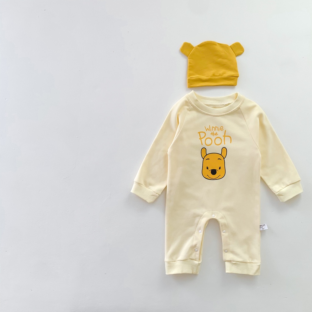 Set áo liền quần dài tay in hình gấu + mũ thời trang mùa thu cho bé sơ sinh