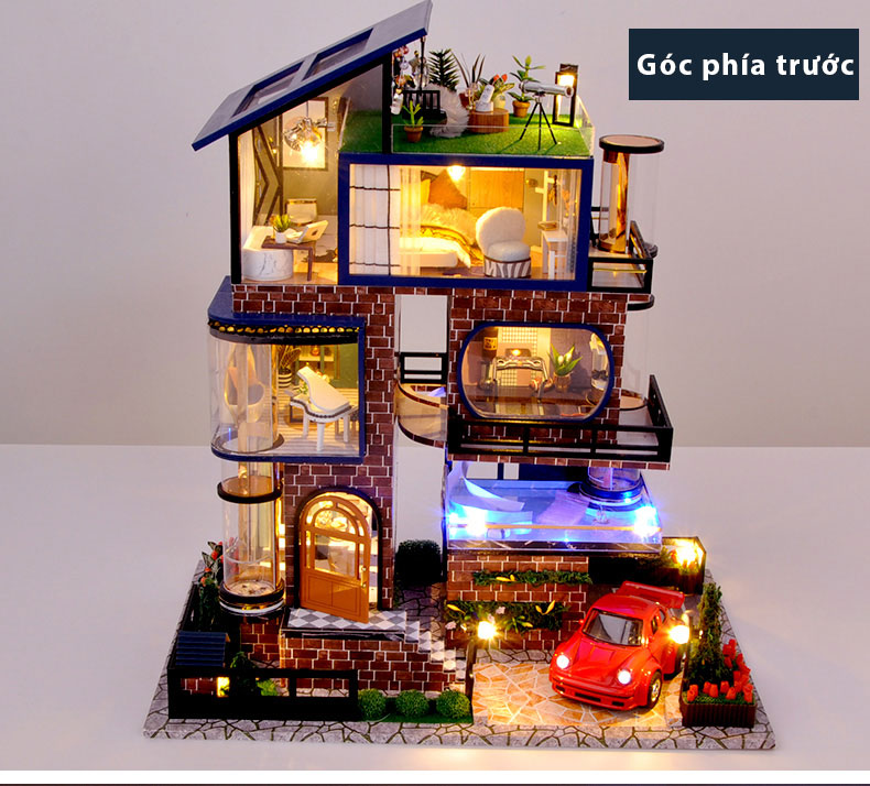 Nhà búp bê DIY Dollhouse lắp ghép bằng gỗ Mẫu Manhattan villa tặng kèm MICA chắn bụi, dụng cụ lắp ghép ToystationVN