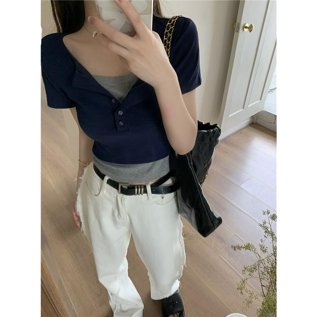 qkoole  Áo Thun Ngắn Tay Giả Hai Lớp Dáng Ôm Thời Trang Dành Cho Nữ