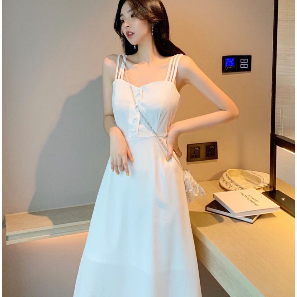 Váy đầm 2 dây, đầm xuông - chất đũi lụa trơn basic nữ , hai màu trắng đen