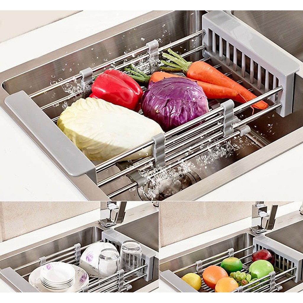 Kệ Inox Đựng Chén Bát Rau Củ Co Giãn Để Bồn Rửa Chén Tiện Dụng