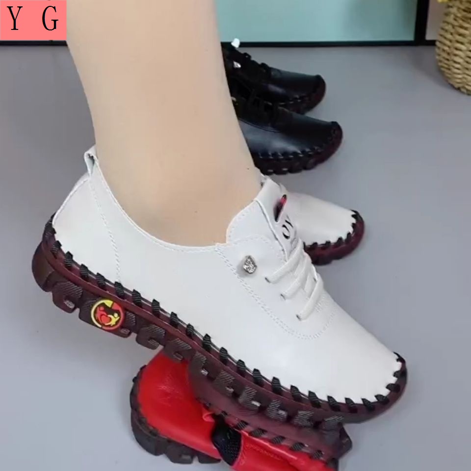 Giày Da Thật Đế Mềm Buộc Dây Bản Rộng Thoải Mái Cho Nữ Trung Niên