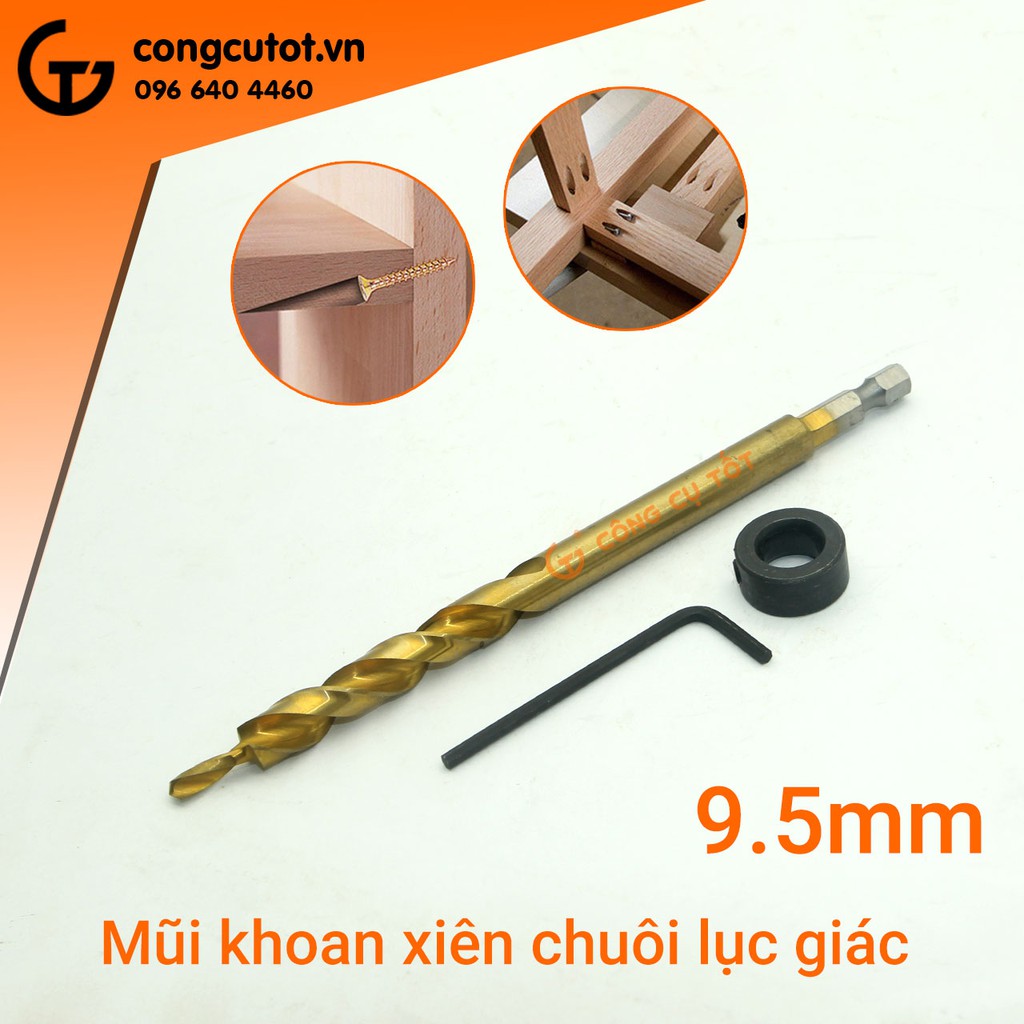 Mũi khoan xiên gỗ 9.5mm x 160mm phủ titan vàng
