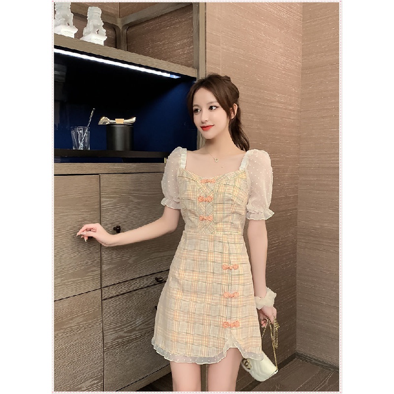 Summer2021New Korean-Style Retro Cheongsam Modified Dress Women's Elegant Square Collar Puff SleeveAWord Skirt