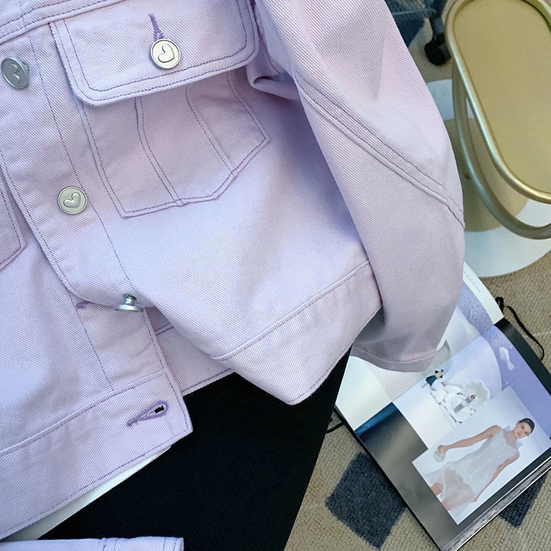 Áo Khoác Denim Dáng Ngắn Đính Hạt Tím Nhạt Phong Cách Mới Cho Nữ