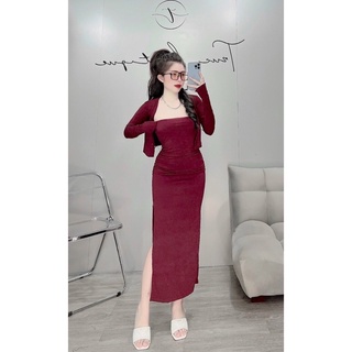 Set đầm body xẻ tà + áo khoác bigsize 55-90kg