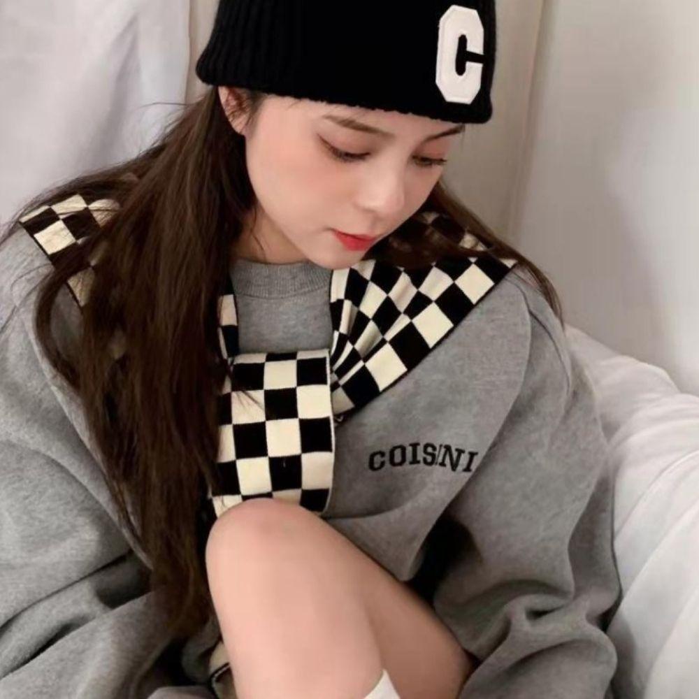 Cổ Áo Giả Vải Cashmere Họa Tiết Sọc Caro Phong Cách Hàn Quốc