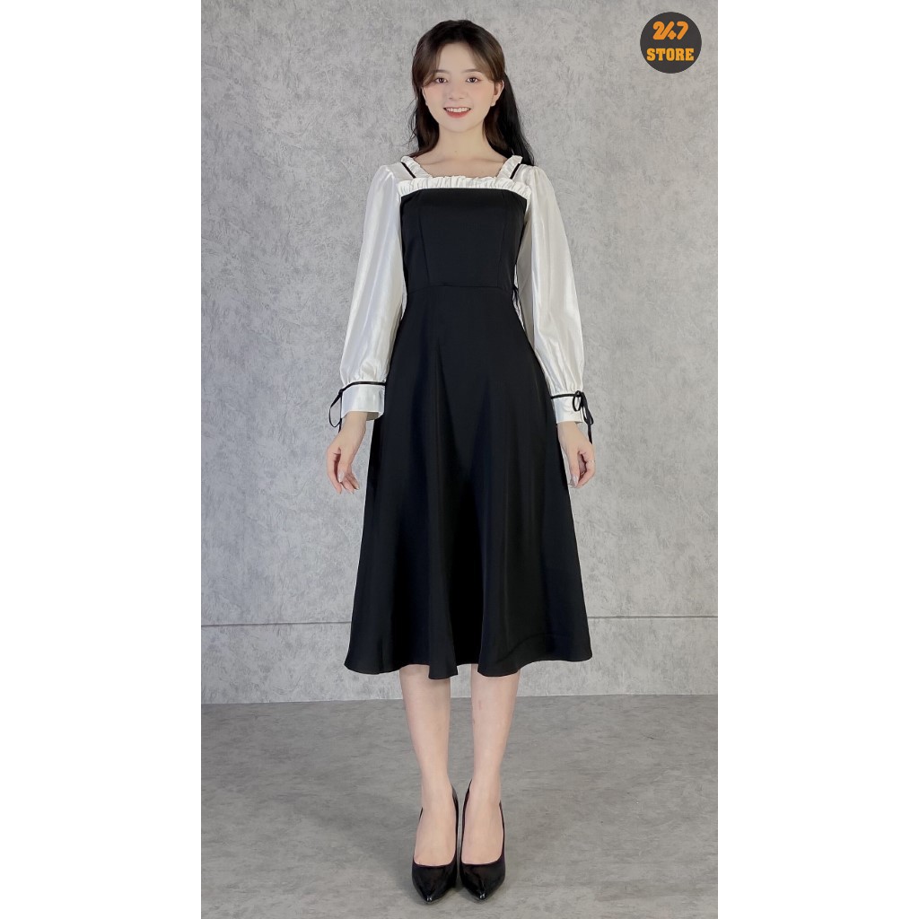 Váy công sở nữ phối nơ tay trắng viển ren 247STORE (màu đen), dáng dài, tay bồng, cổ vuông, vải trượt hàn | BigBuy360 - bigbuy360.vn