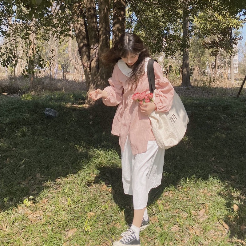 Set Áo Sơ Mi Cổ Búp Bê Chống Nắng + Chân Váy Màu Trơn Dễ Thương Cho Nữ