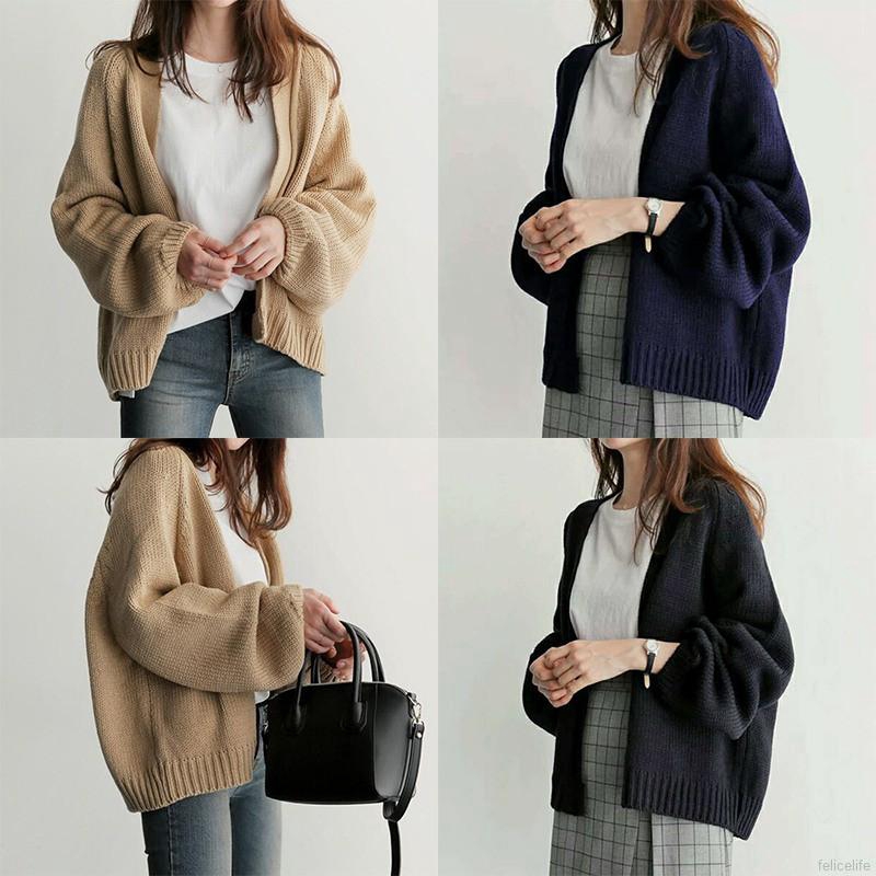 Áo khoác Cardigan dệt kim tay dài màu trơn thiết kế dáng rộng thoải mái