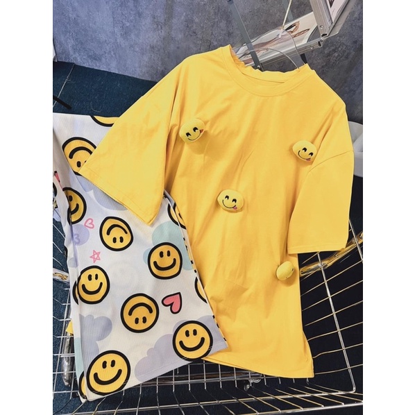 Set áo cotton đính mặt cười quần suông gân R6