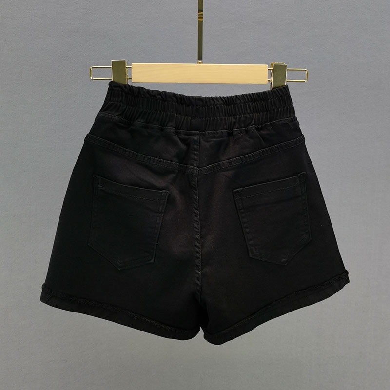 Summer new 2022 elastic high waist loose thin European diamond inlaid wide leg Hot Pants Black Denim Shorts women's thin