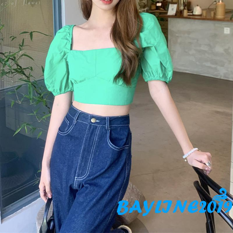 Áo Croptop Tay Phồng Cổ Vuông Hở Lưng Đan Dây Chéo Gợi Cảm Cho Nữ