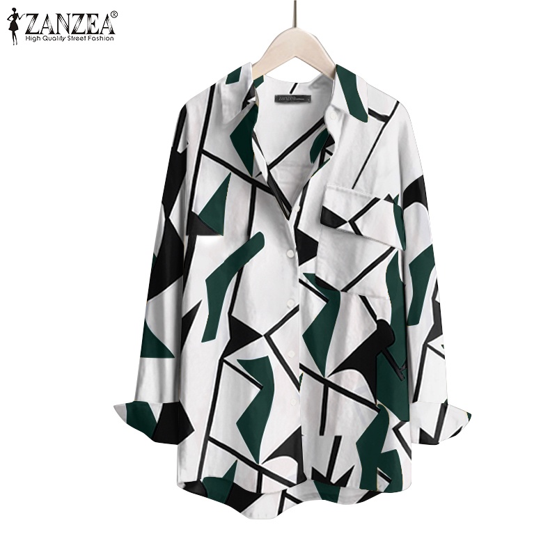 Áo sơ mi Zanzea tay dài có túi họa tiết hình học dành cho nữ