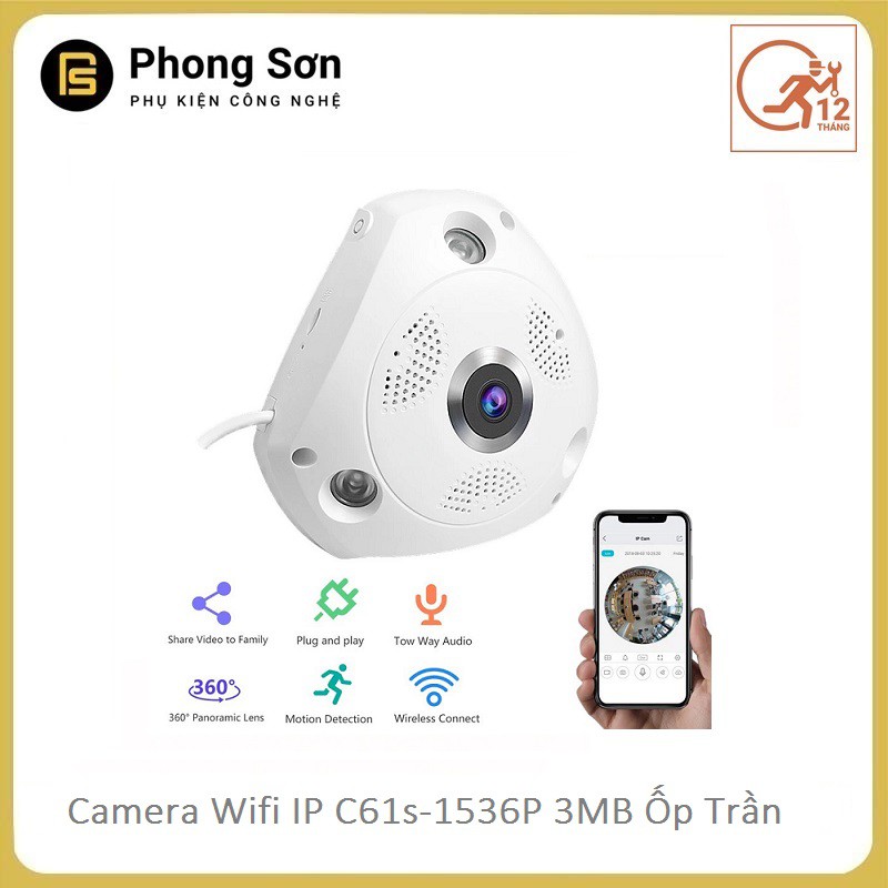 Camera wifi IP C61s FHD 1536P Vstarcam ốp trần, góc rộng 180 độ, toàn cảnh 360 | BigBuy360 - bigbuy360.vn