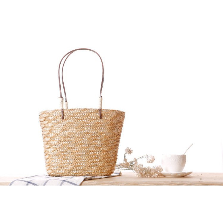 [NowShip - Giao Ngay] Túi Cói Boho Vintage Đeo Vai, Đeo Chéo Hình Tròn Dây Da Màu Nâu Be Trơn