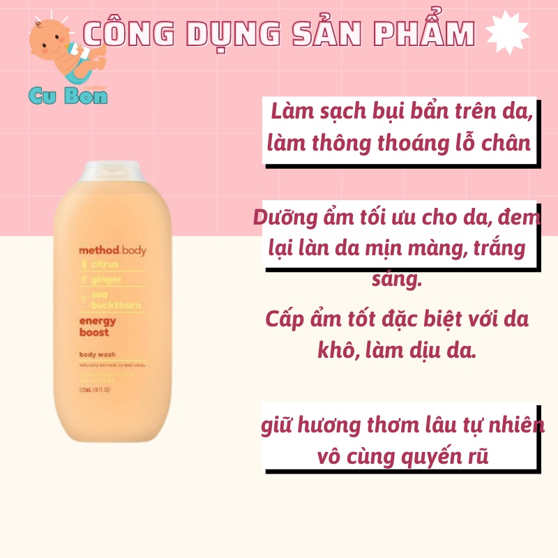 Sữa tắm nước hoa trắng trắng da Method Body Úc 535ml dưỡng ẩm tự nhiên mang lại cảm giác thoải mái khi sử dụng đủ loại