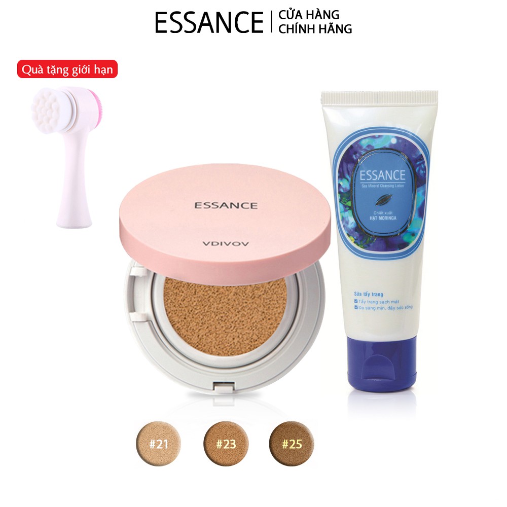 Combo Phấn nước mịn lì Essance Cushion SPF50+ PA+++ và Sữa tẩy trang Sea Mineral Tặng Cọ rửa mặt