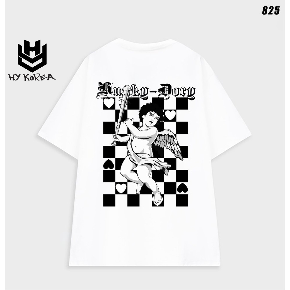 Áo thun nam nữ form rộng nam nữ tay lỡ Thiên thần Lucky Dorg 825 Caro HY KOREA
