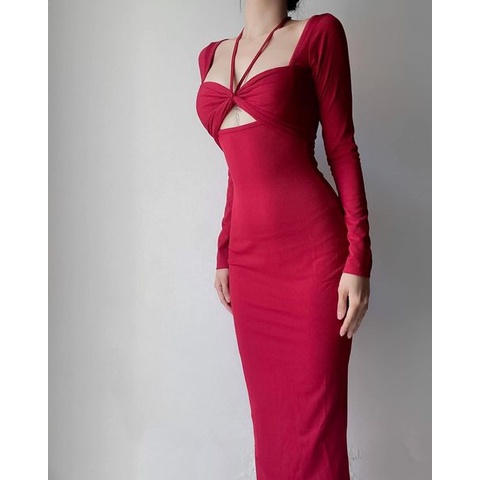 [HÀNG THIẾT KẾ CAO CẤP] Đầm Body Thun Gân Cổ Yếm Rút Ngực Tay Dài Tôn Dáng Màu Đỏ Sang Trọng Đi Tiệc Form Dài