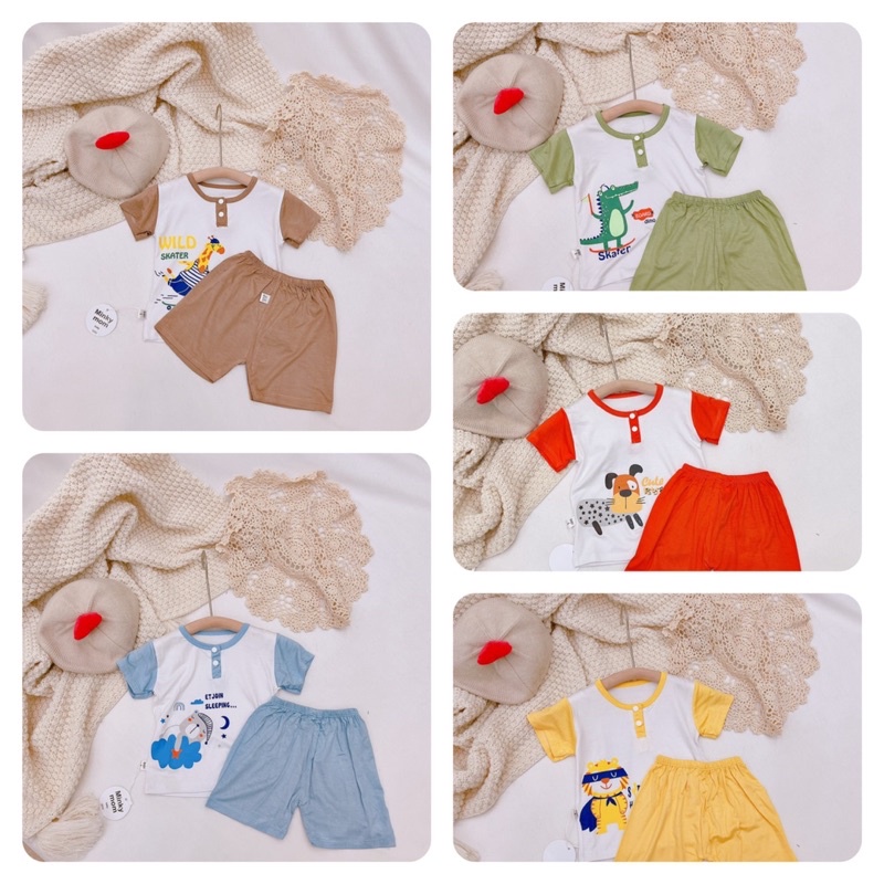 Bộ quần áo Cộc Tay Cổ Phối (chất thun lạnh co giãn) In hình siêu dễ thương Minkymom cho bé
