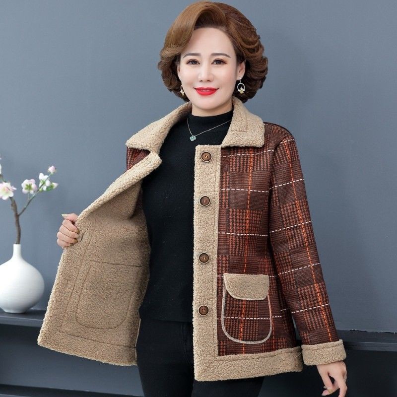 Áo khoác phối nhung dày họa tiết caro thời trang cho nữ