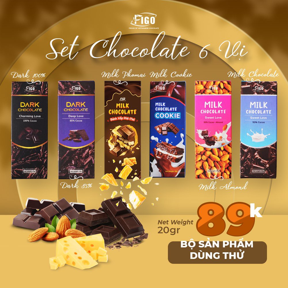 Set Socola ăn thử 6 vị hộp 20g ( Dark Choco 100%, 85%, Milk Choco Hạnh nhân, Ko nhân, Bánh cookie, bánh phô mai ) FIGO