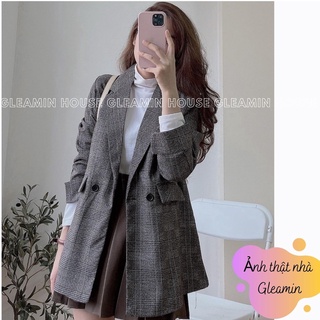 Áo blaze kẻ xẻ tay 2 lớp - Áo khoác nữ vest dáng rộng phong cách trẻ trung