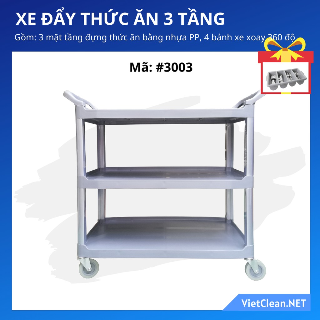 Xe đẩy đồ ăn 3 tầng bằng nhựa chuyên dùng để vận chuyển thức ăn trong nhà hàng, quán ăn lớn (Msp: #3003)