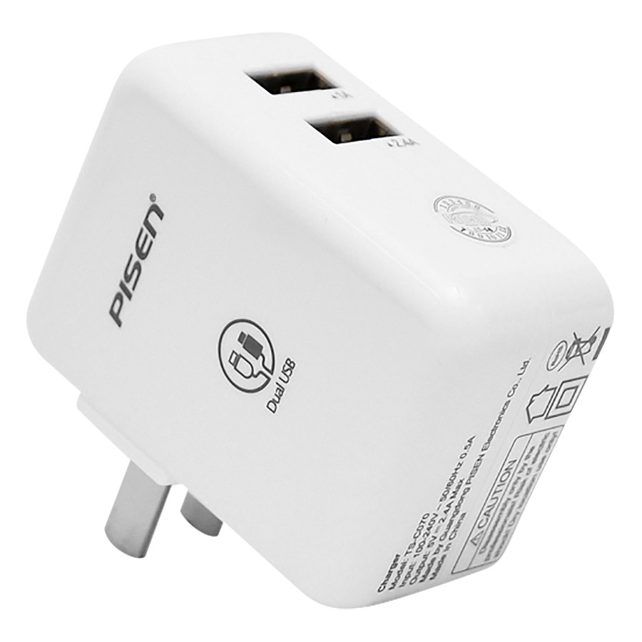 Adapter Sạc Pisen PowerPort 2 Dual USB iPad Charger 1A/2.4A - Trắng - Hàng Chính Hãng - Bảo hành 12 tháng