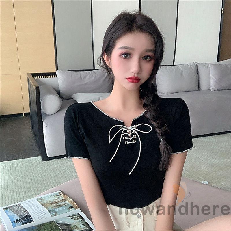 Áo Thun Tay Ngắn Cổ Đan Dây Chéo Màu Sắc Trơn Thời Trang Cho Nữ | BigBuy360 - bigbuy360.vn