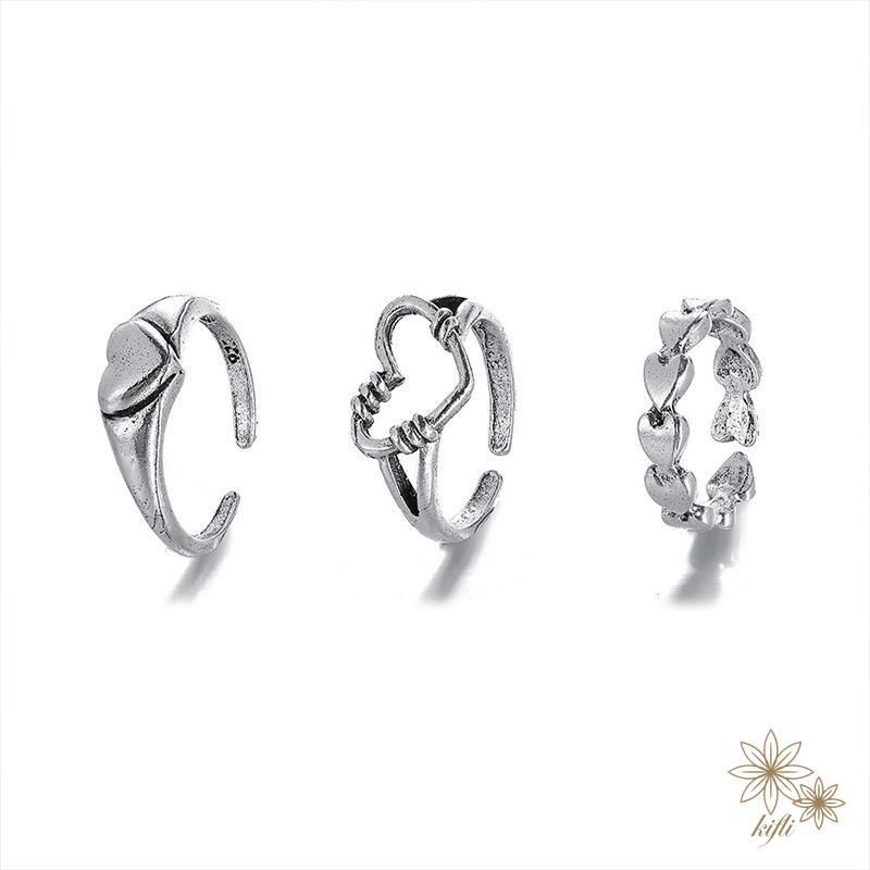 Bộ 3 Nhẫn Hở Màu Bạc Hình Trái Tim Phong Cách Gothic Cổ Điển Có Thể Điều Chỉnh Cho Nữ