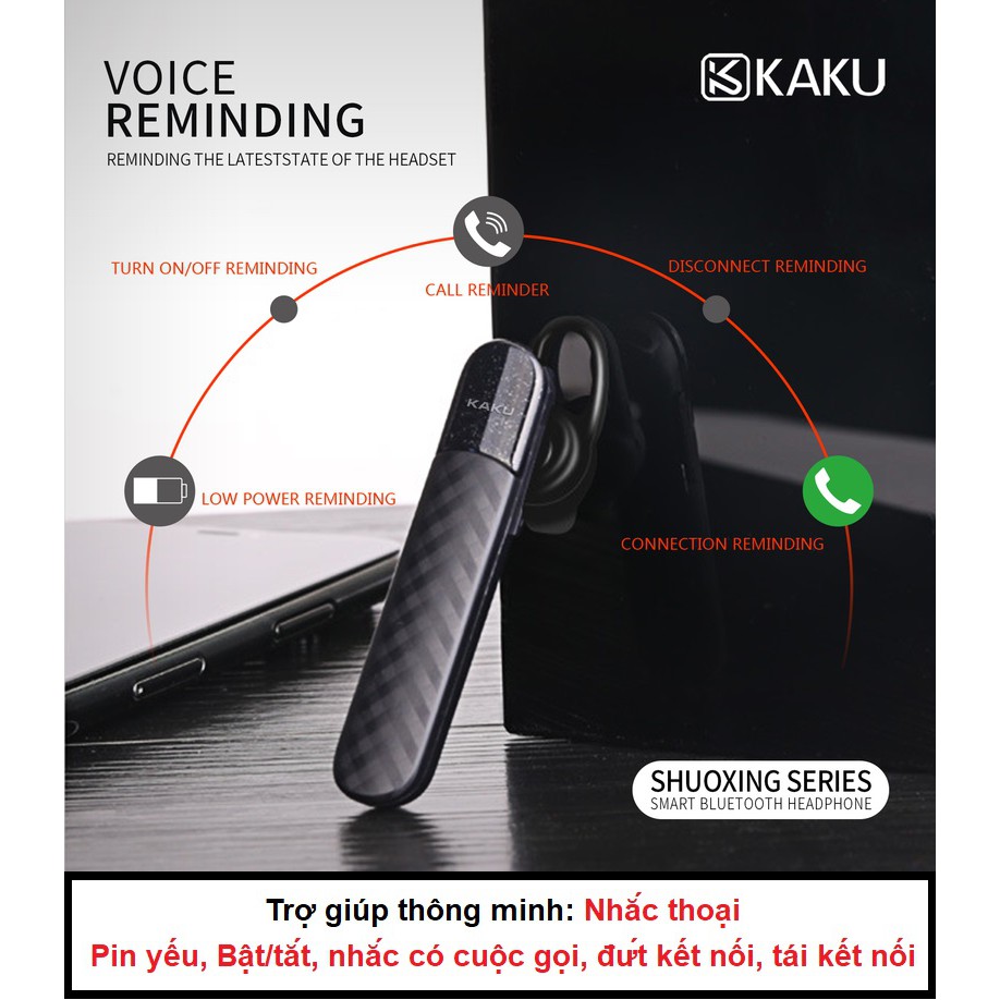 Tai nghe bluetooth KAKU chống ồn , pin khủng , tặng kèm dây cáp sạc, tai nghe gài tai tai nghe không dây có mic