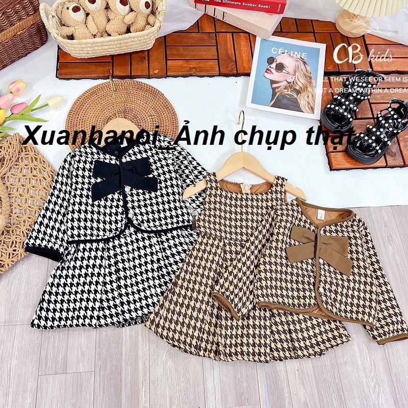 Váy bé gái chất dạ kẻ karo váy ghi lê và áo khoác lửng nơ ngực bản to XHN1086