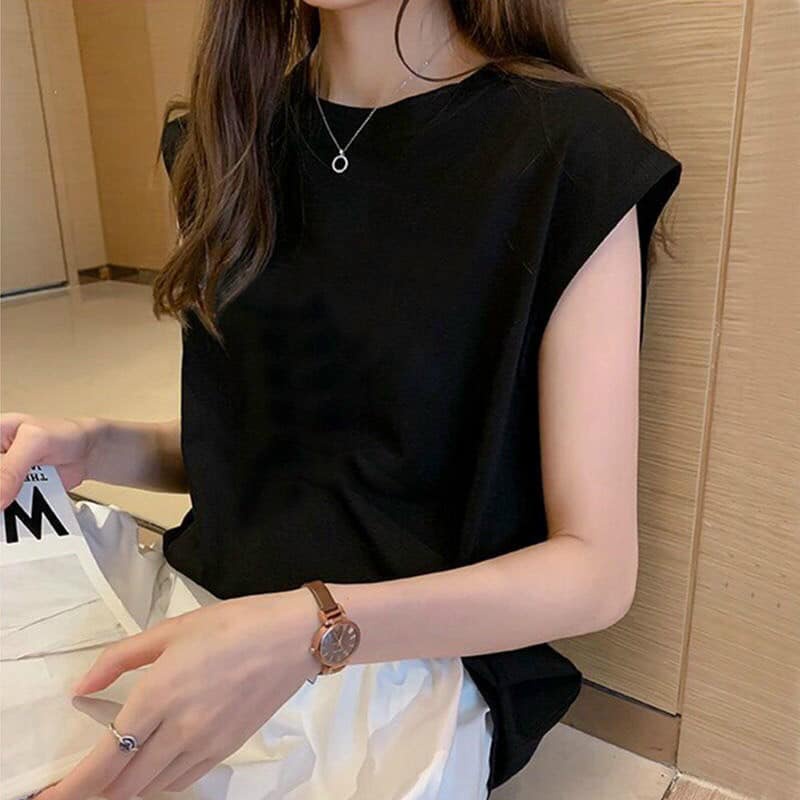 Áo thun nữ cổ tròn cotton tay hến sát nách phong cách hàn quốc from rộng ba lỗ phông trơn đen trắng basic ELY210.