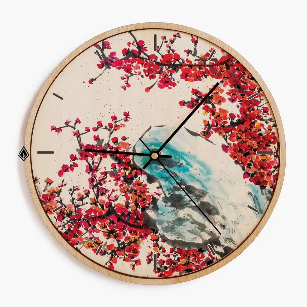 Đồng hồ gỗ treo tường Hoạ tiết hoa đào - Đồng hồ gỗ cao cấp decor, trang trí nhà cửa sang trọng hiện đại NAU FACTORY