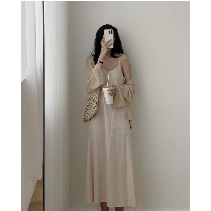 Sét váy 2 dây maxi đũi xước mix kèm áo khoác cadigan ngoài mỏng nhẹ mặc đi biển xinh
