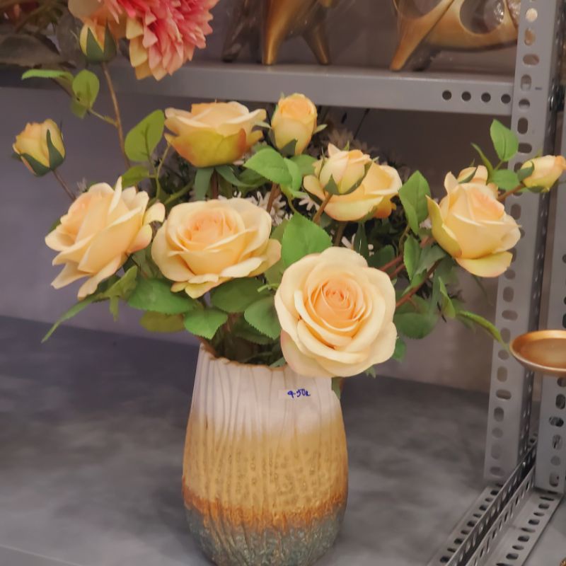 Hoa lụa, hoa giả, bình hoa hồng vàng nhập khẩu cao cấp kt 40*40 cm y hình. bình gốm xuất khẩu  hàn quốc