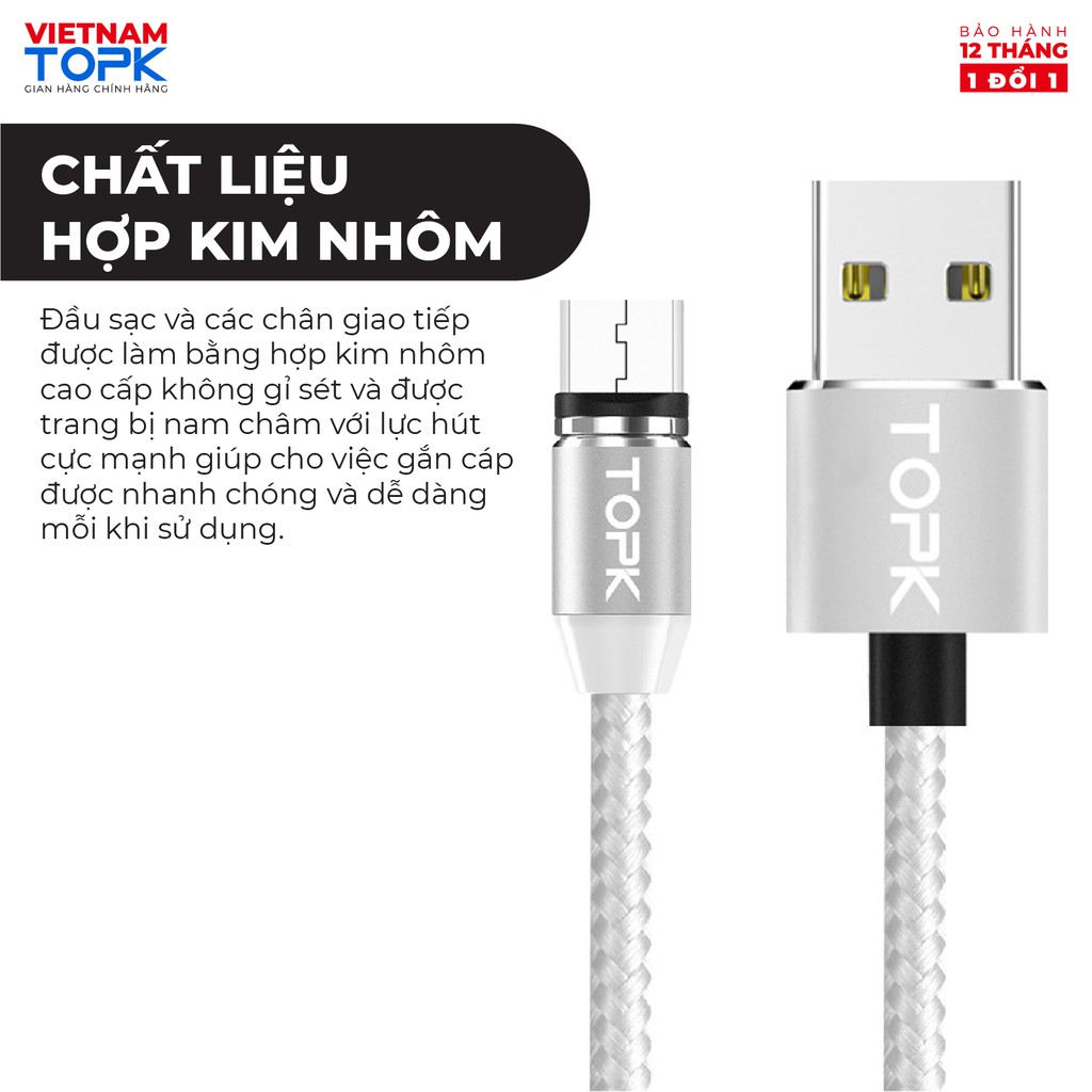 Dây sạc nam châm iPhone Type-C Micro USB TOPK AM23 - Vỏ bện nylon dài 1m - Đèn LED - Hàng chính hãng Bảo hành 12 tháng 1