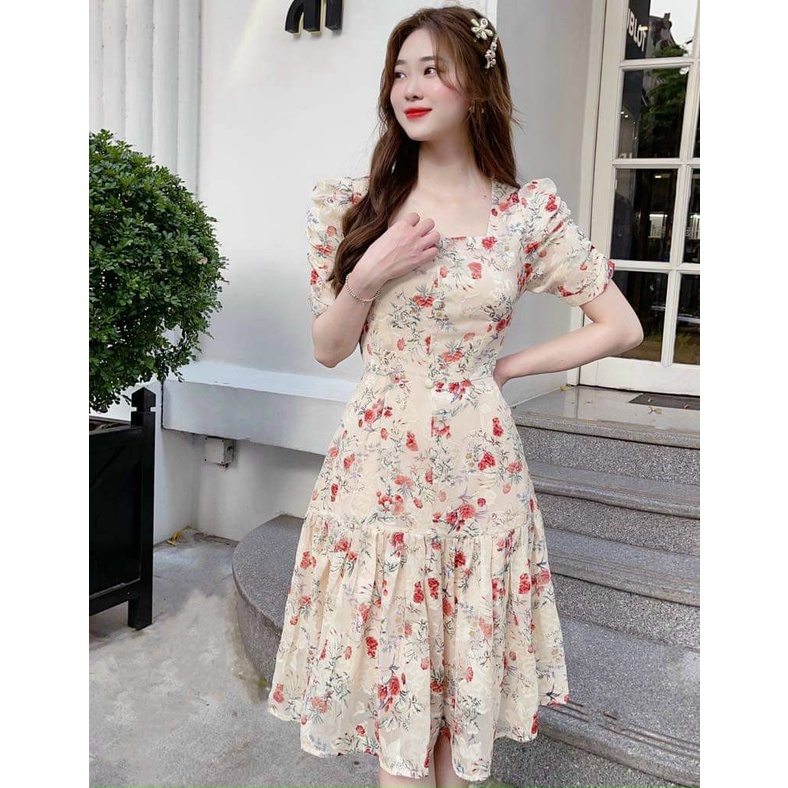 Đầm Hoa Tay Phồng Đính Nút (có Mút)