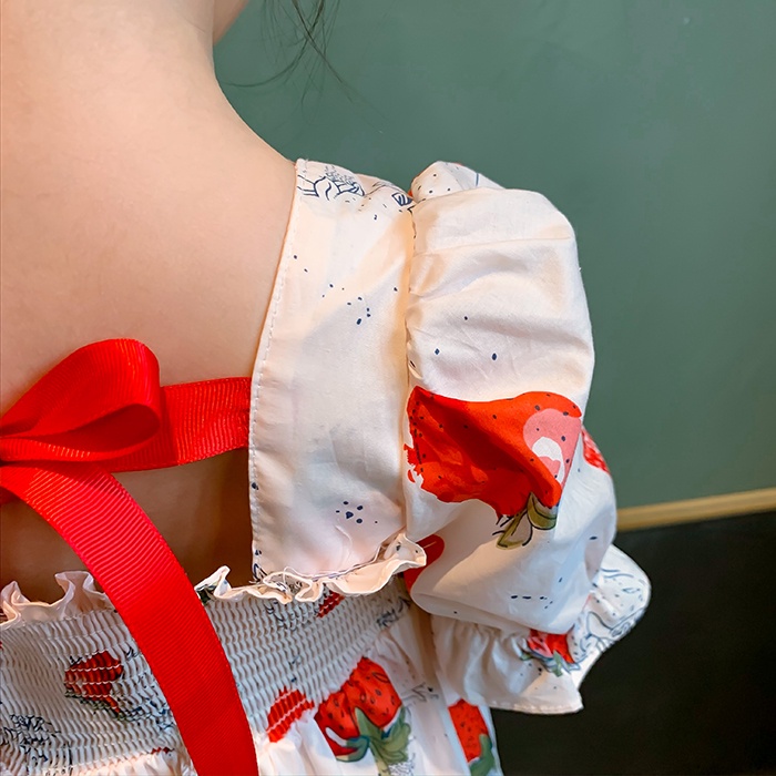 Đầm Đi Biển Vải Cotton Họa Tiết Dâu Tây Đáng Yêu Cho Bé Gái