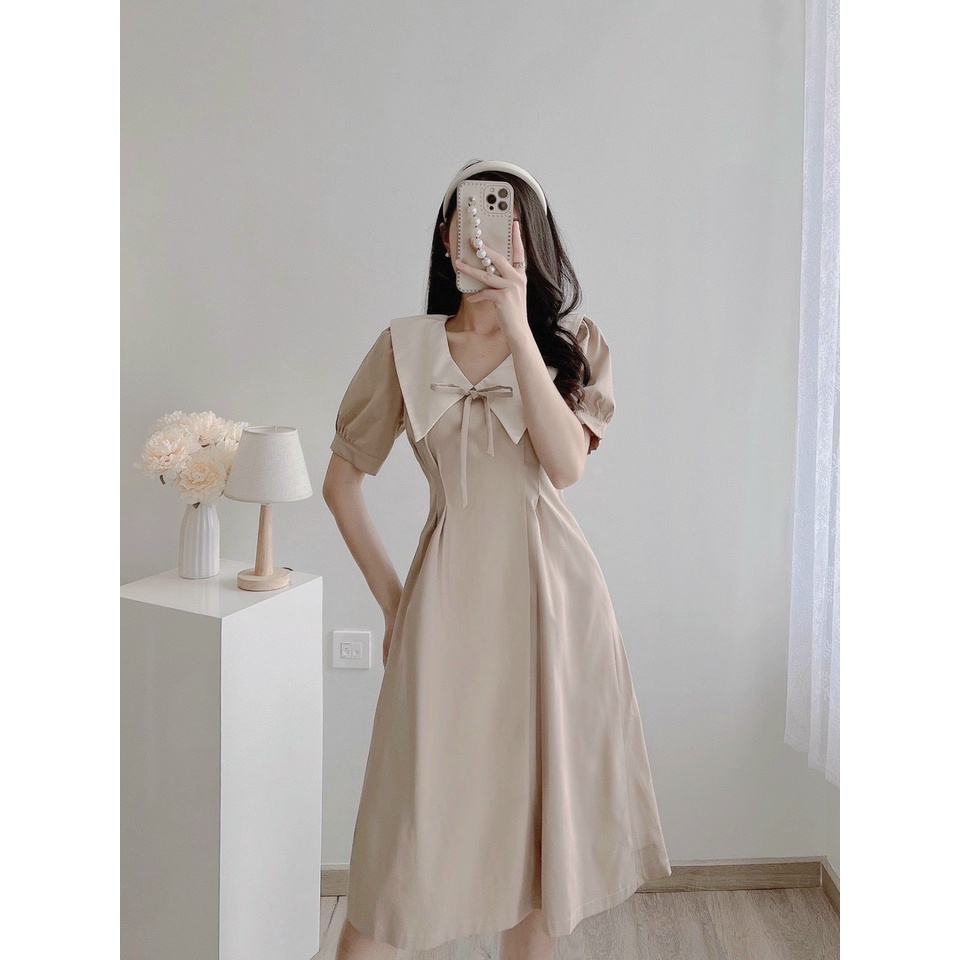 Váy cổ nơ tay bồng chất liệu kaki Hàn cao cấp VNS03 hai màu be, nâu vintage YAME