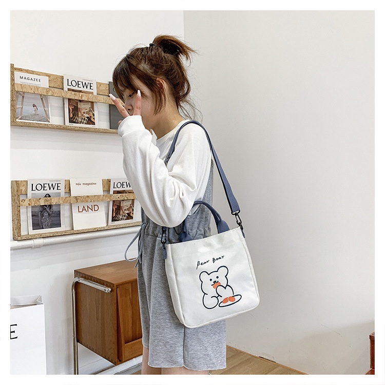 Túi vải tote họa tiết hoạt hình gấu uống trà sữa túi xách nữ canvas HOT HIT T31