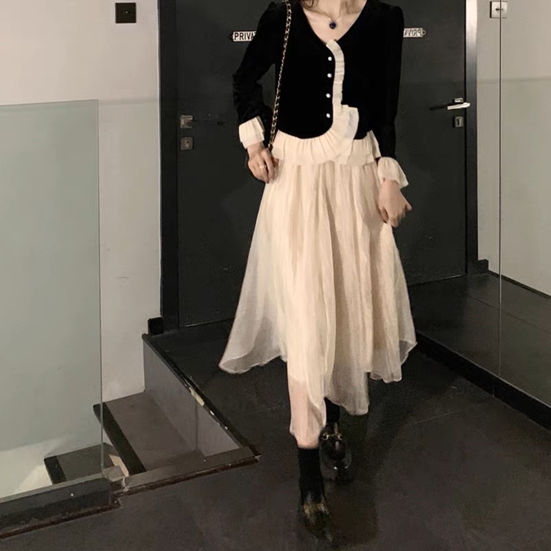 Set Áo Nhung Phối Bèo Mix Chân Váy Tơ Tiểu Thư (hàng QC loại 1) Áo Nhung Kiểu Tay Dài Phối Bèo Kèm CV xoè 2 lớp