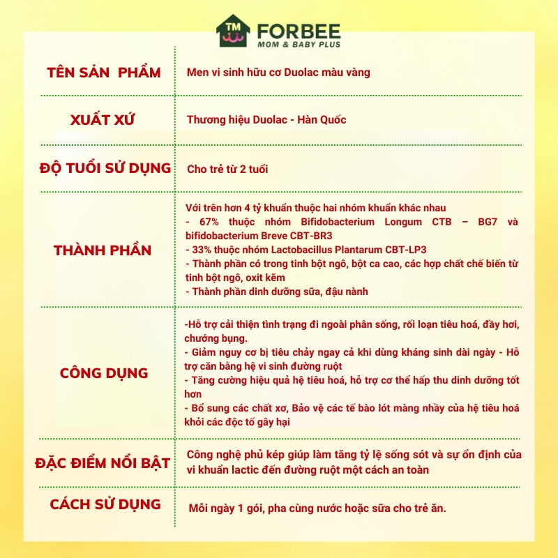 Men vi sinh hữu cơ cho bé DUOLAC màu vàng Hàn Quốc, hộ trợ tiêu hóa cho trẻ - FORBEE