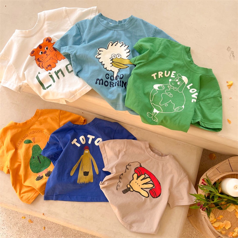 Áo thun bằng cotton nguyên chất 100% ngắn tay in họa tiết hoạt hình cho bé sáu màu