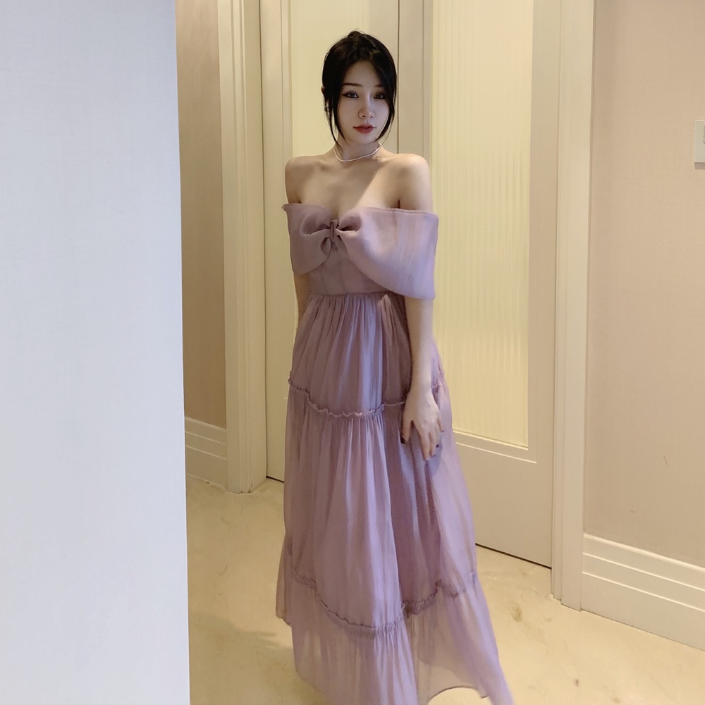 Đầm maxi tím nơ trễ vai  170222