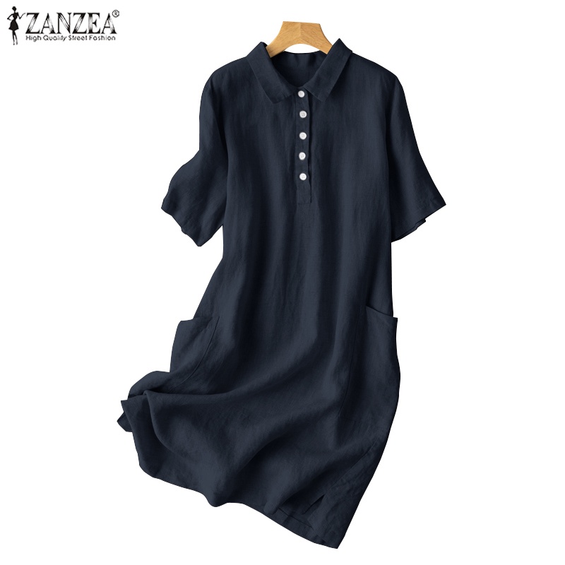 Đầm midi Zanzea tay ngắn cổ bẻ có túi bên dáng rộng sành điệu cho nữ