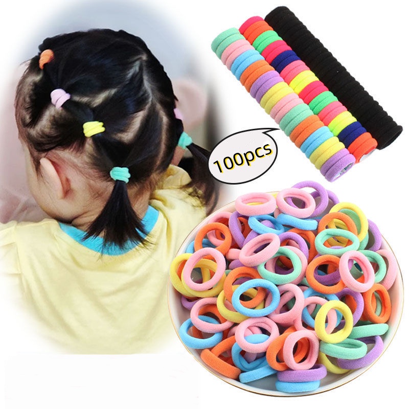 Set 100 Dây Cột Tóc Co Giãn Nhiều Màu Sắc Dễ Thương Dành Cho Nữ