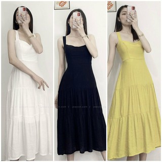 Đầm xòe hai dây bản to nhiều tầng buộc dây lưng thun